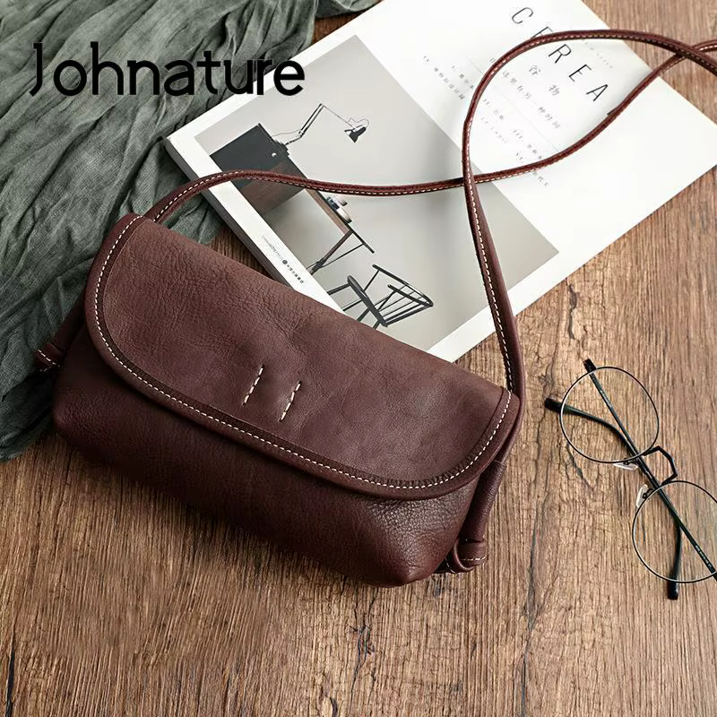 Sac à main pour femme en cuir de vache souple rétro fait à la main par Johnature, nouveau modèle 202