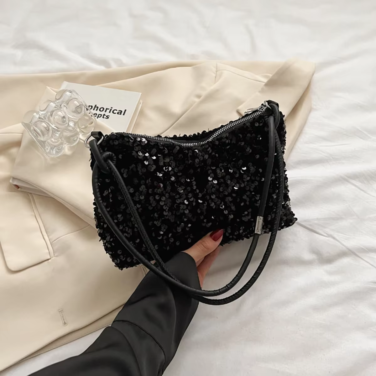 Sac bandoulière chic et décontracté noir pailleté de luxe 2026 pour l'été – Idéal pour toutes les te
