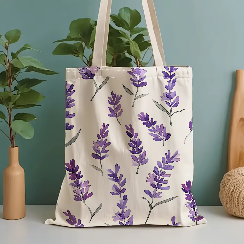 Sac en toile multifonctionnel pour femme, violet clair, lavande et fleurs blanches – Sert également 