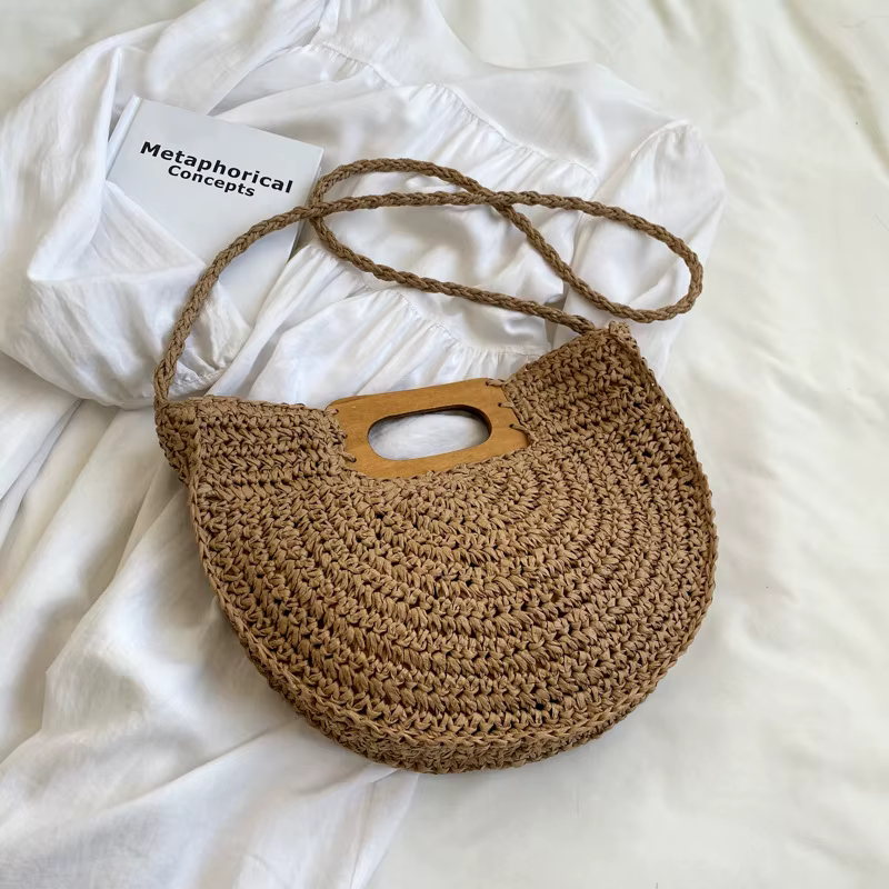 Sac de paille minimaliste pour femmes, sacs à main d'été demi-lune de plage en rotin, sacs à poignée