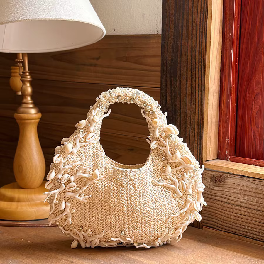 Sac à bandoulière de luxe en coquillage et corail, tissé à la main, en forme de demi-lune, sacs à ma