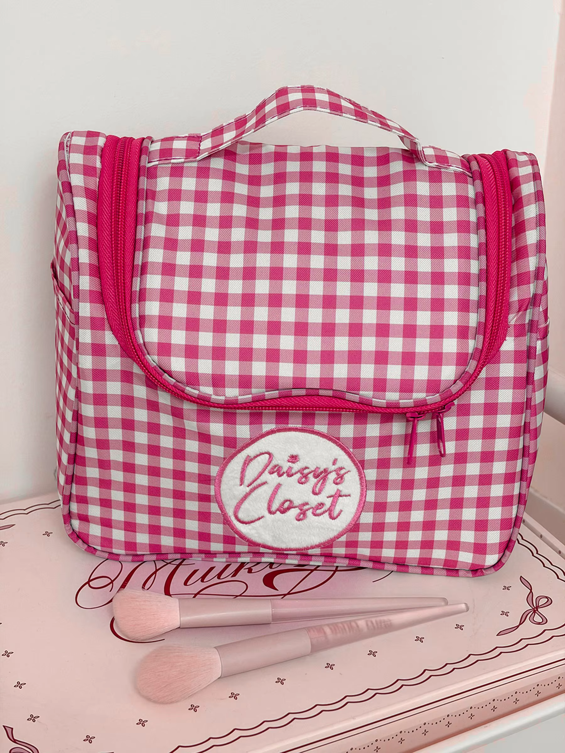 Pochette de maquillage Airfriend à motif quadrillé, sac de voyage matelassé pour organiser les cosmé