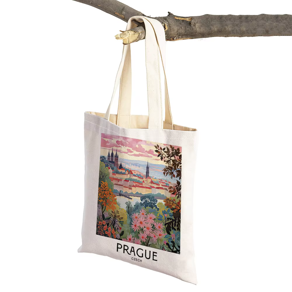Sac de shopping Vintage paysage citron Prague Londres Santorin femmes sacs à provisions Double impre