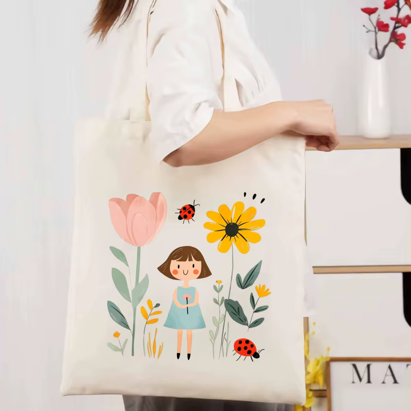 Sac fourre-tout en toile crème avec imprimés fille, fleur et coccinelle, parfait pour un usage quoti
