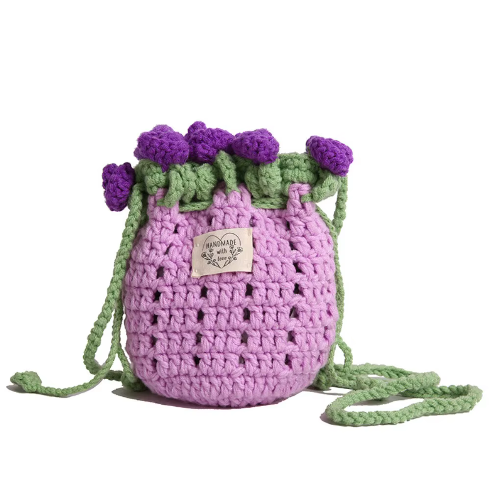 Sac seau de plage en coton tressé avec bouquet de roses bohèmes, sac à bandoulière en coton tricoté 