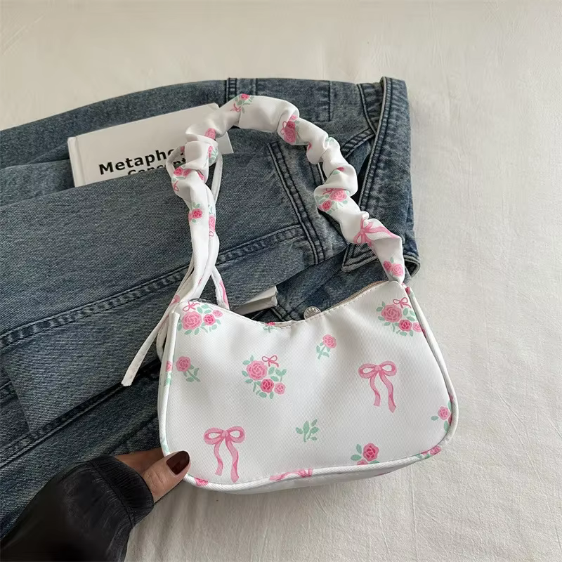 Sac à bandoulière de Style coréen Y2K pour femmes, fourre-tout en toile plissée avec nœud Floral imp
