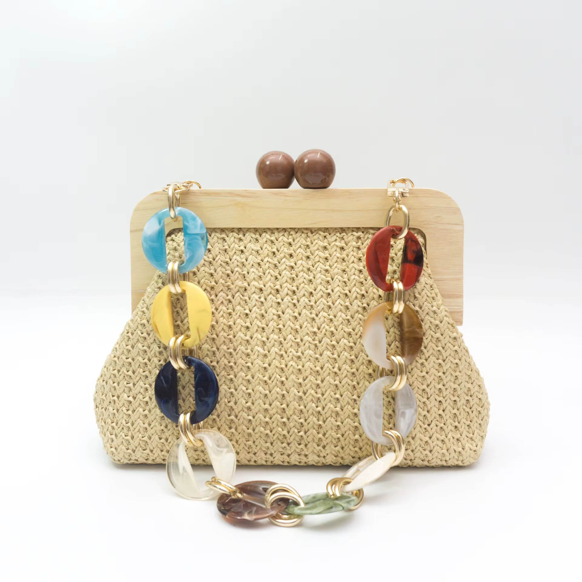 Sac de soirée élégant pour femme en paille avec cadre en bois et chaîne en acrylique, sac de soirée