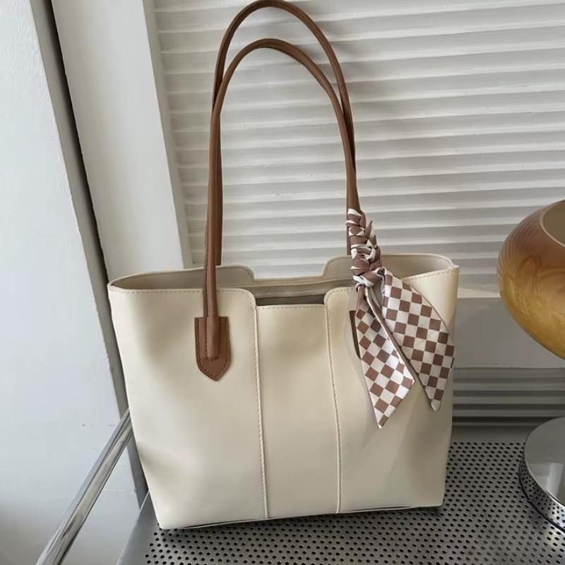 Sac fourre-tout élégant kaki, sac à bandoulière en similicuir avec foulard à carreaux, idéal pour le