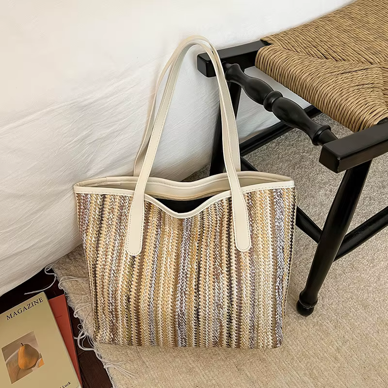 Sac fourre-tout pour femme en toile grande capacité, style carré horizontal, à rayures, décontracté,