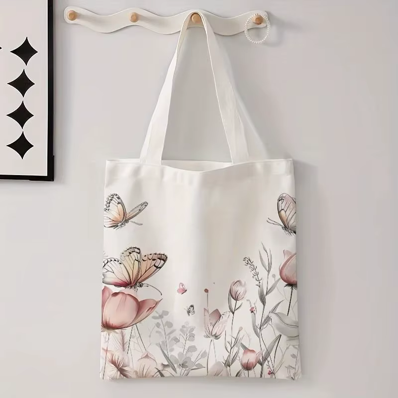 Sac à main en toile à imprimé floral papillon tendance, grande capacité, adapté à un usage quotidien