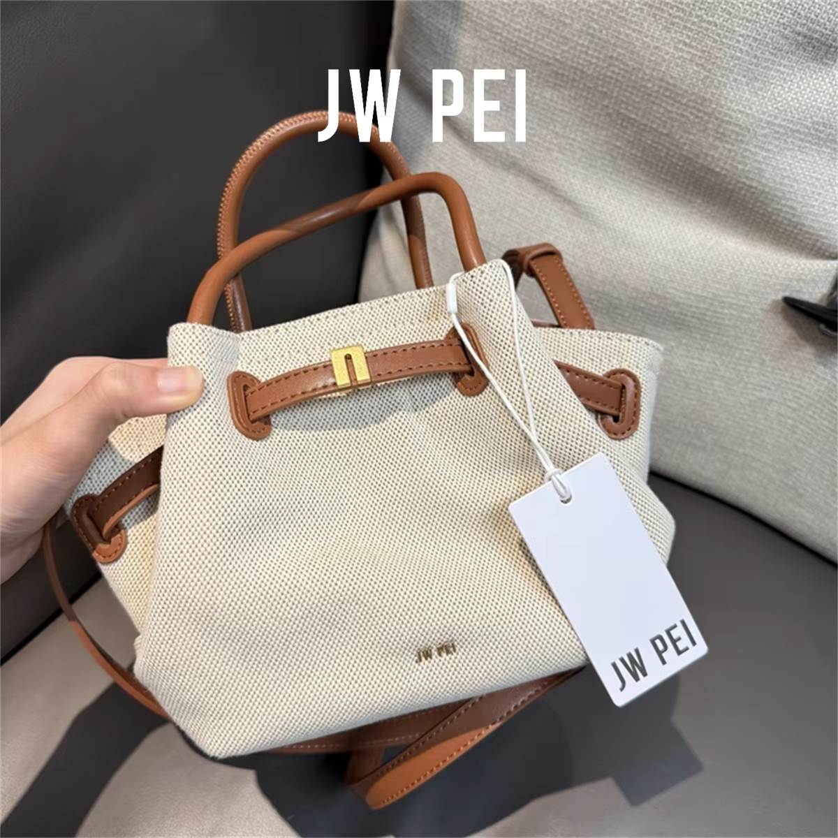Nouveau sac à bandoulière en toile marron pour femme JW PEI, mini sac fourre-tout en cuir végétalien