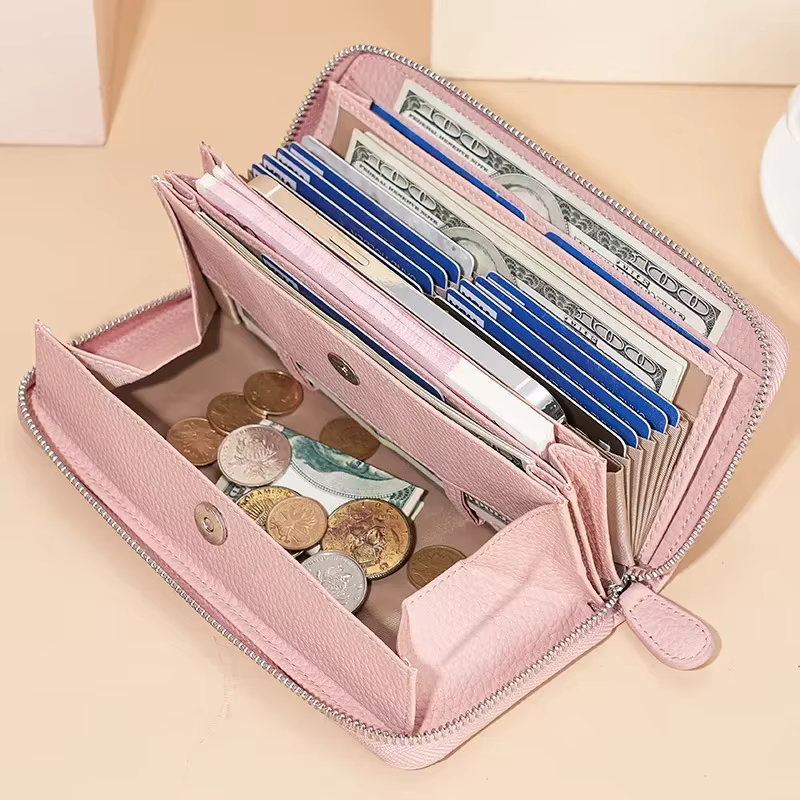 Sac portefeuille en cuir véritable pour femme, porte-monnaie, étui pour clé et rouge à lèvres, poudr