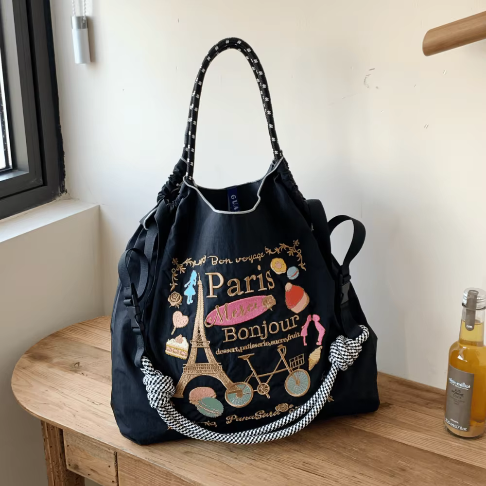 Nouveau sac à bandoulière pour femme avec motif brodé Paris, sac de shopping de style japonais, sac 
