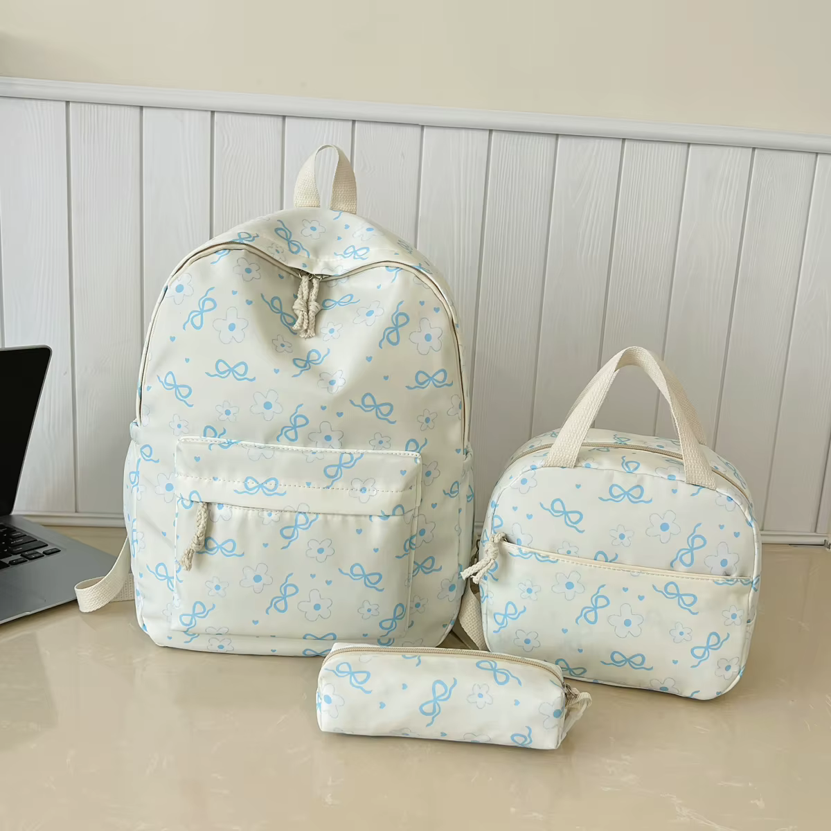 Sac à dos imprimé fleurs avec nœud, léger et multifonctionnel, ensemble de trois pièces, pour étudia