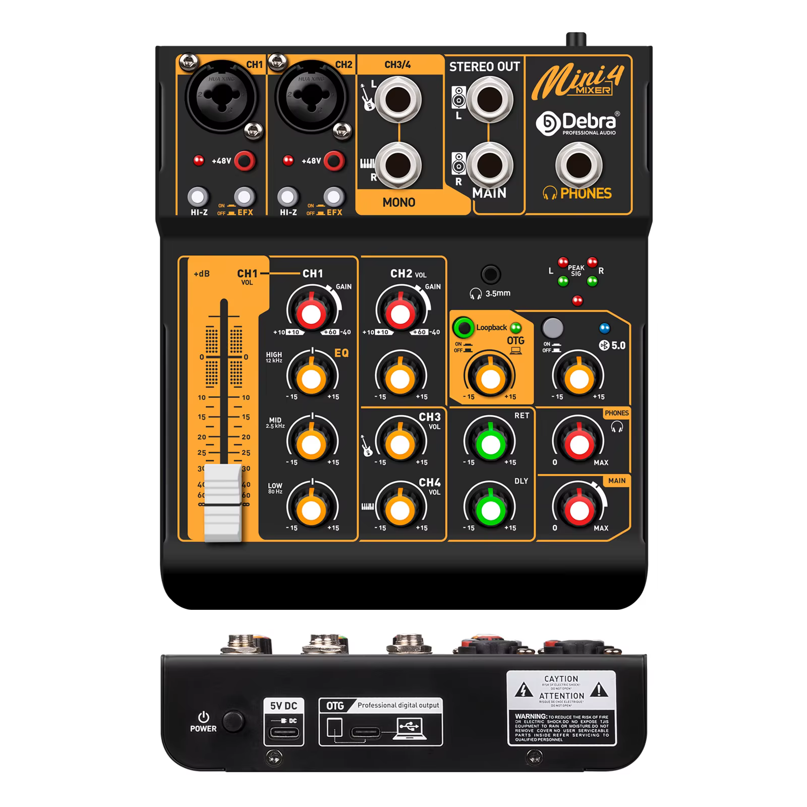 Mini6 Mixeur audio 6 canaux, console DJ avec Bluetooth 5.0 OTG Reverb 48V Carte son pour enregistrem