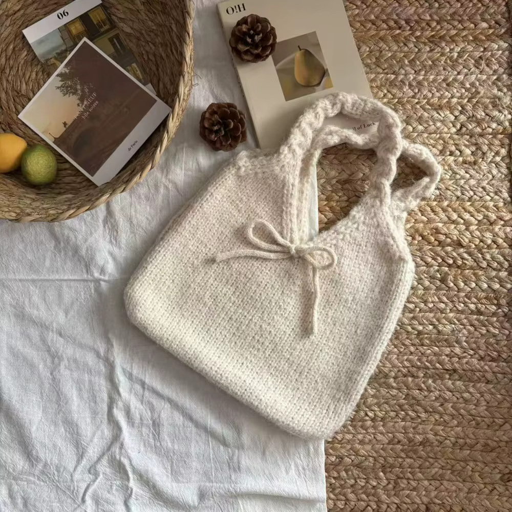 Sac à main tricoté multicolore décontracté avec nœud, sac de poignet tricoté torsadé doux, sac à ban