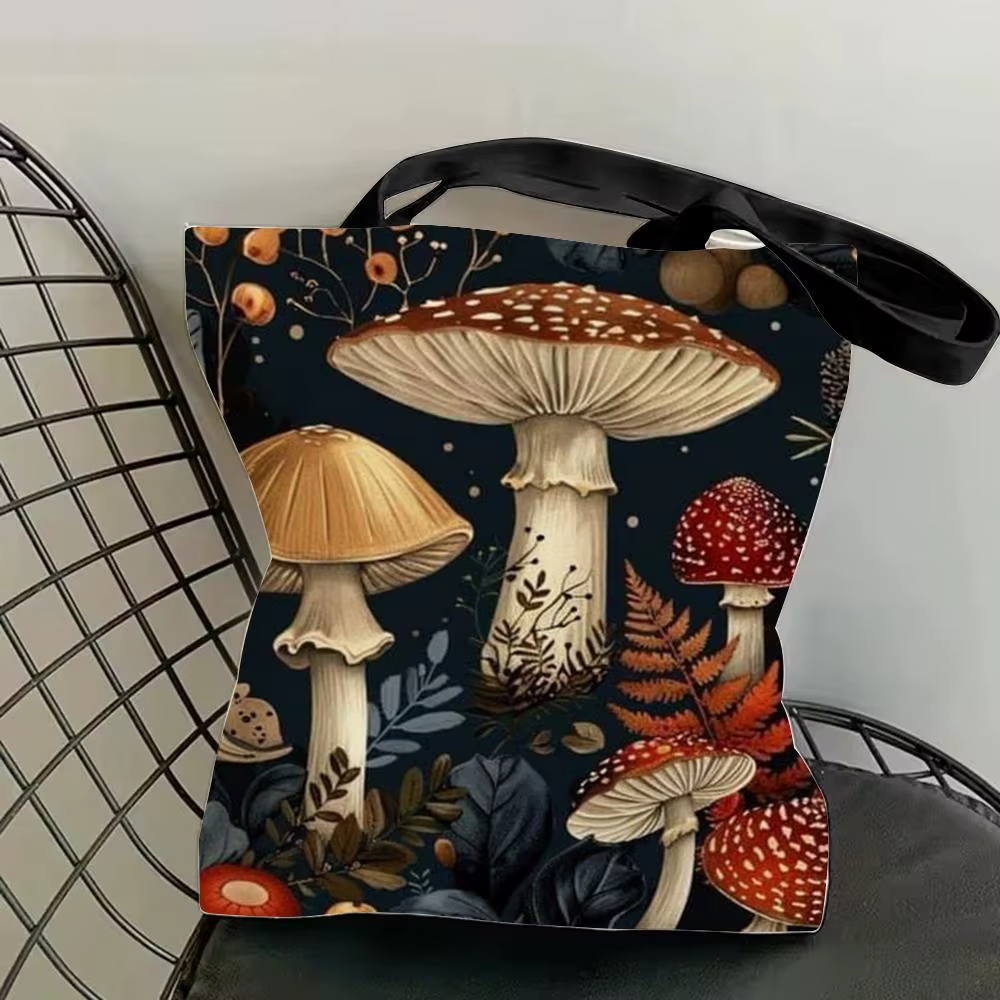 Sacs de rangement à motif champignon, sacs fourre-tout à bandoulière en toile imprimée double face, 