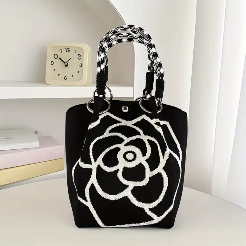 Sac à main tricoté à fleurs pour femmes, sac à bandoulière couleur contrastée, sac à main de plage P