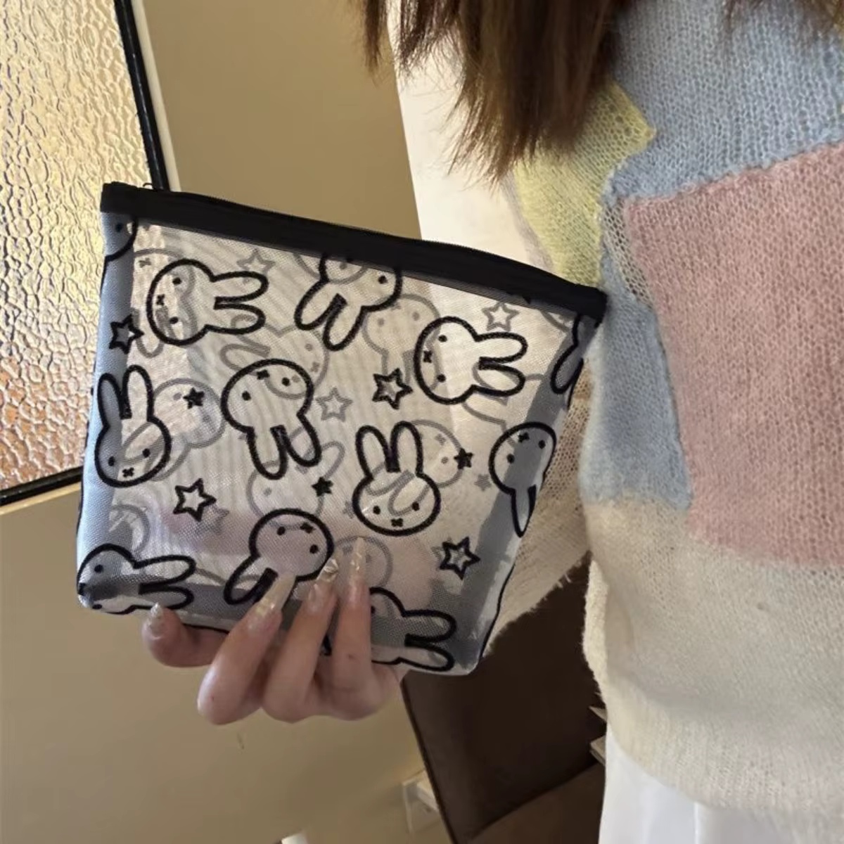 Kawaii Miffy lapin maille sac de maquillage mignon dessin animé Miffy lapin grande capacité Portable