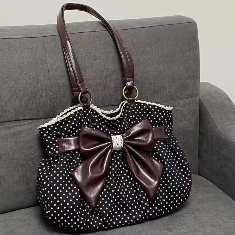 Sac fourre-tout à motif de pois pour femmes, grand sac à bandoulière avec nœud papillon, garniture à