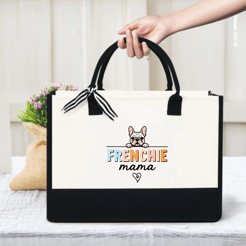 Sac à main bouledogue français maman, motif bouledogue français crème et noir maman et chien et desi