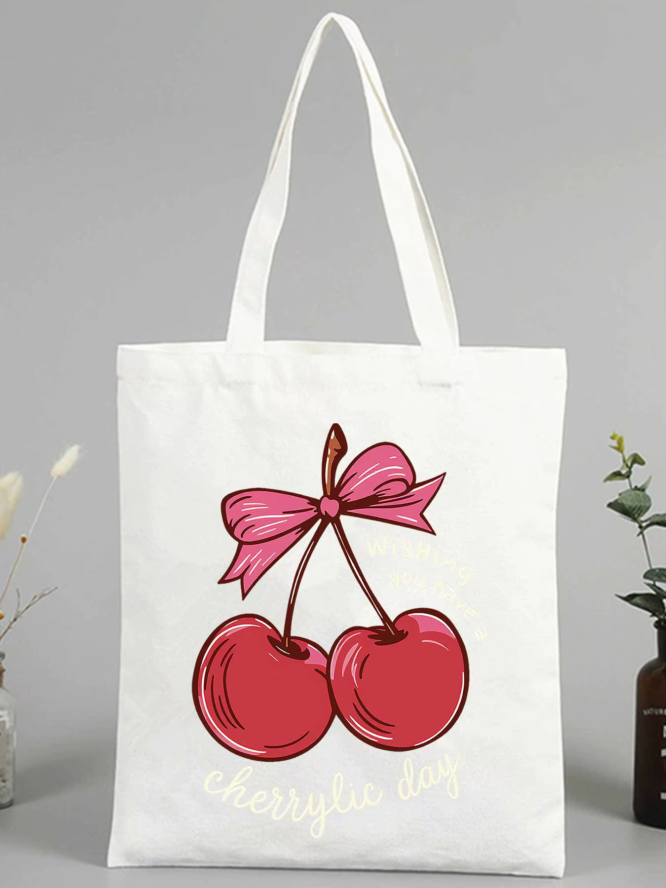 Sac fourre-tout en toile à motif cerises pour femme, style décontracté pour les courses quotidiennes