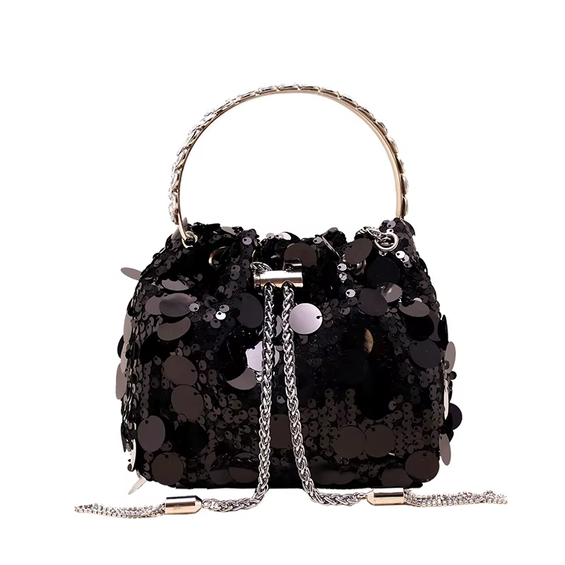 Sacs seau à paillettes argentées pour femmes, sac de dîner à paillettes avec pompon en métal, sac se