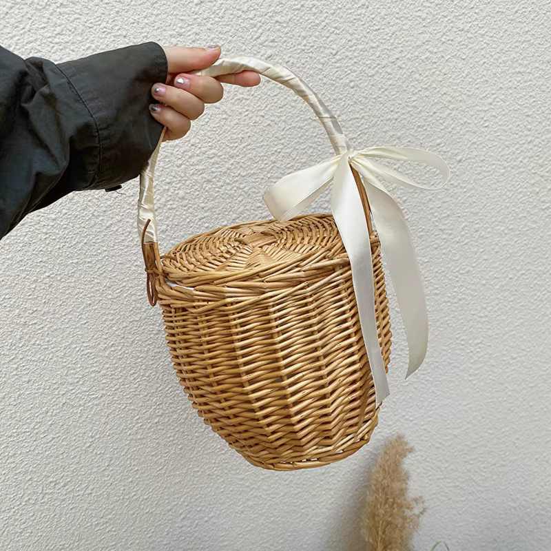 Sac panier en osier pour femmes, fourre-tout de plage d'été en rotin naturel, seau en paille, sacs à