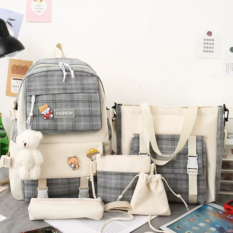 Sac à dos scolaire polyvalent en nylon pour filles, ensemble de 5 pièces, grande capacité, style déc