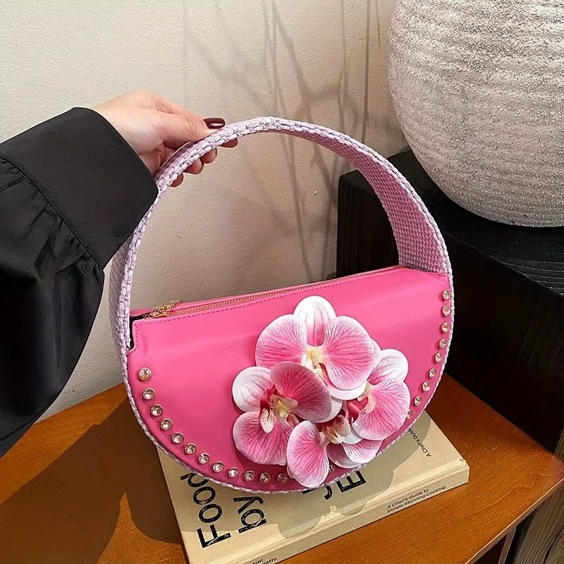 Sac à bandoulière de luxe pour femme, design original, fleur 3D, strass, demi-lune, sac à main, nouv