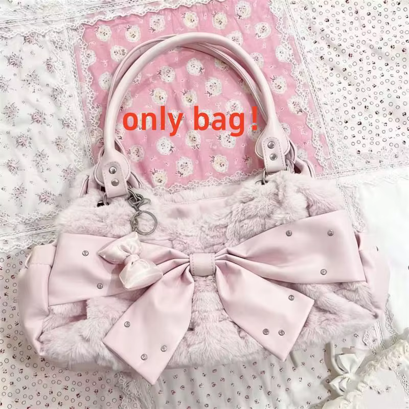 Sac à main à nœud rose mignon pour femmes, Design créatif à rivets, sac à bandoulière en peluche, fo