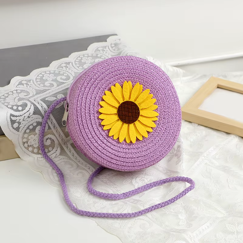 Sac à bandoulière rond en rotin pour femmes, décor tournesol d'été, sac de plage tissé pour dames, s