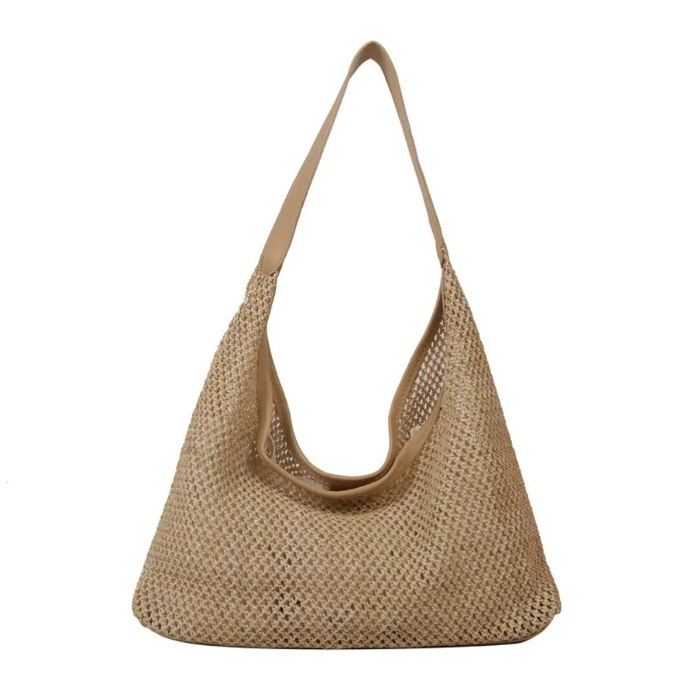 Sac en paille tressé uni mignon style bohème grande capacité sac de plage fourre-tout sac à bandouli