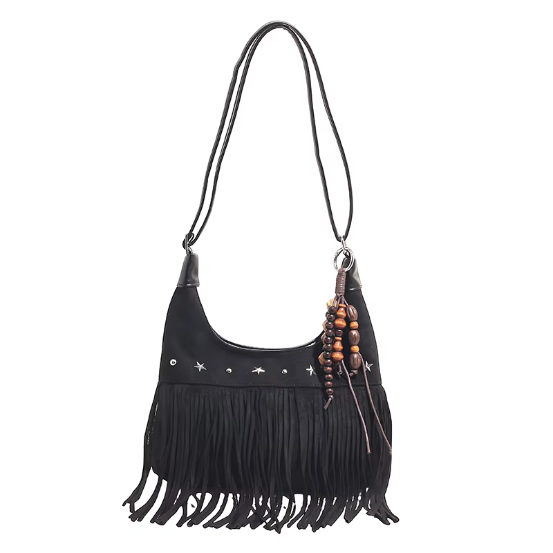 Sac à bandoulière Vintage à franges, sac à main en daim tendance avec pompon en croissant pour femme