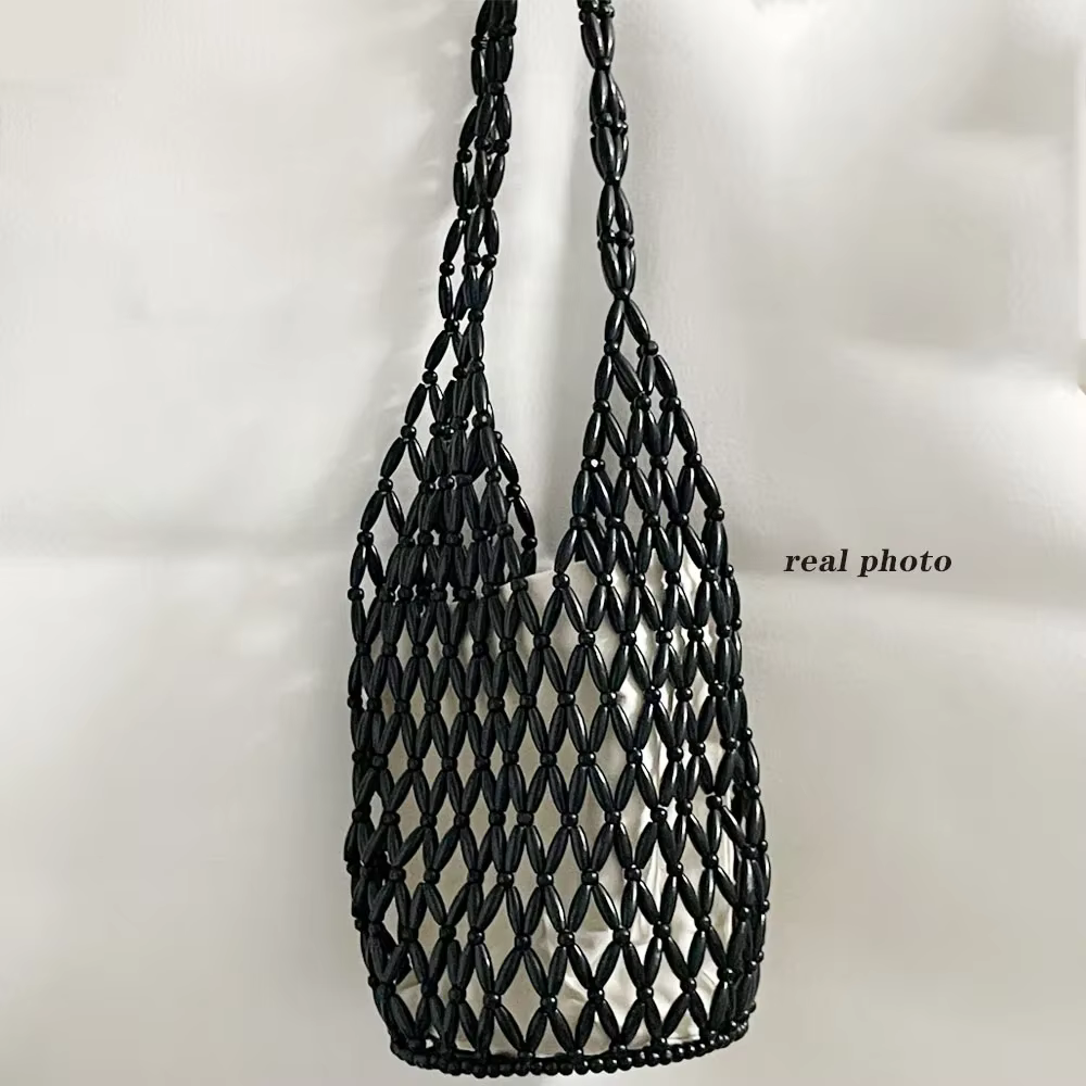Sac à main tissé pour femmes, Design exquis, fourre-tout en perles de bois ajourées, sac seau à band
