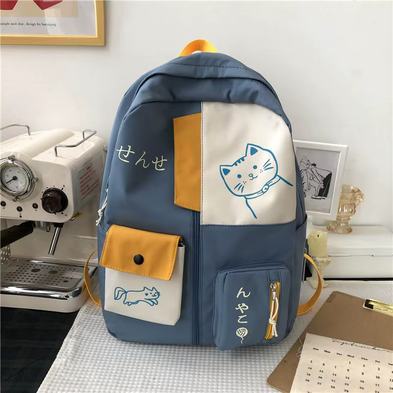 Sac à Dos de Voyage en Nylon Imperméable de Grande Capacité, Cartable de Style Coréen avec Chat de D