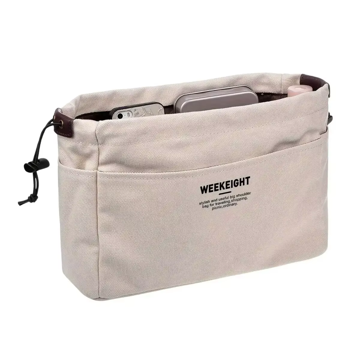 Sac à cordon en toile avec doublure intérieure multi-poches, sac de rangement de voyage léger et por