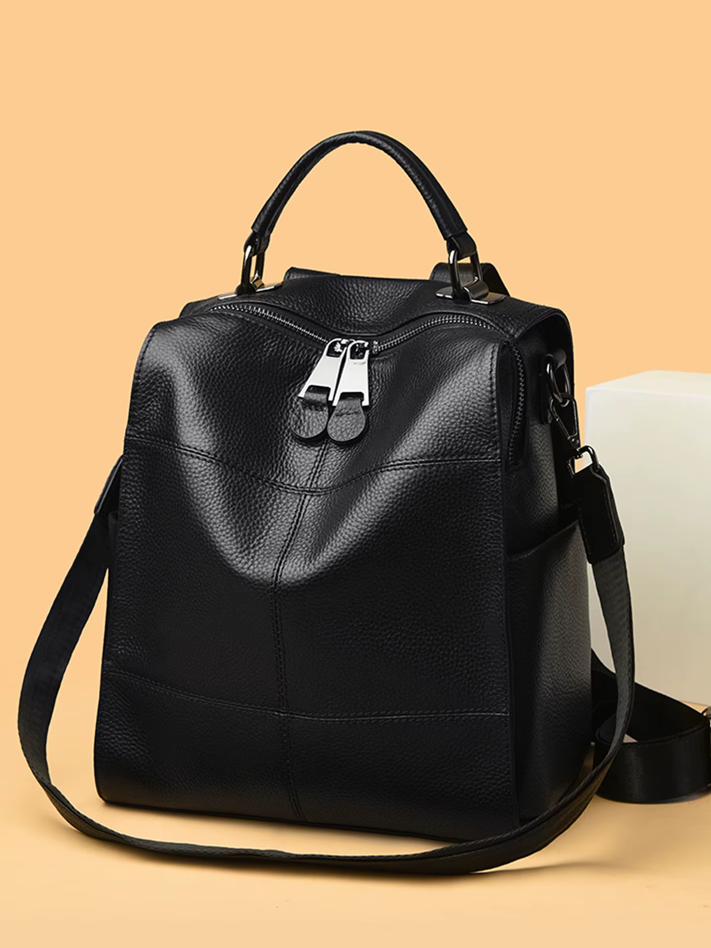 Sac à dos pour femme en cuir véritable grain litchi, fermeture éclair de haute qualité, design simpl
