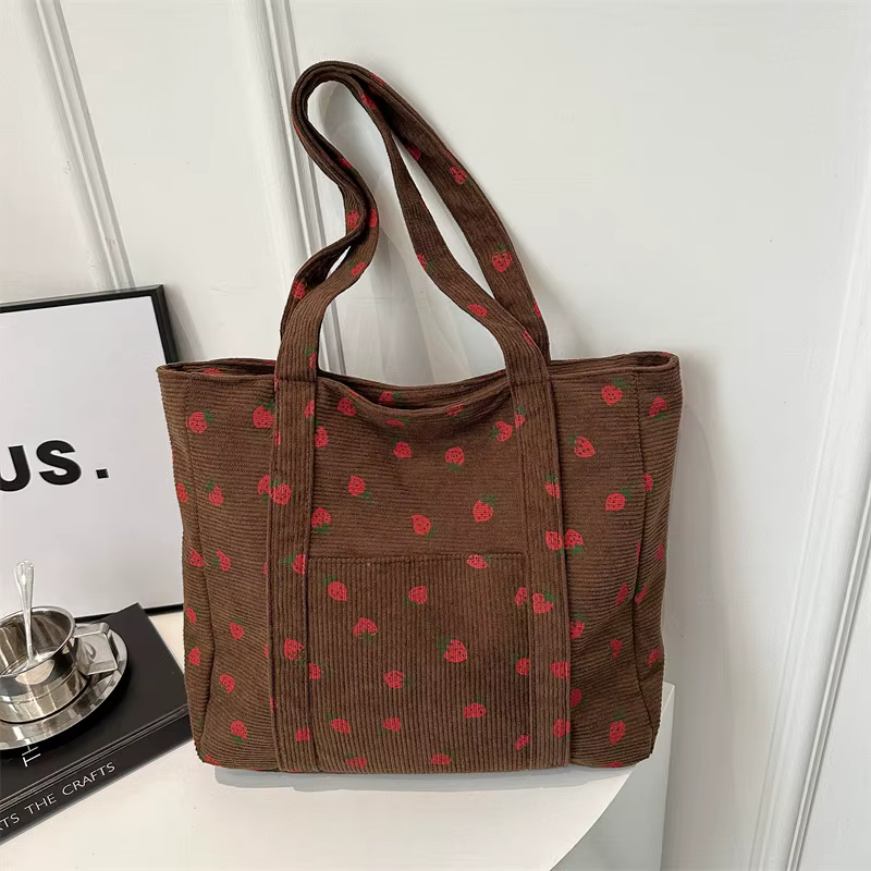 Sac à main en velours côtelé pour femmes, sac de plage aux fraises, sac à bandoulière polyvalent à l