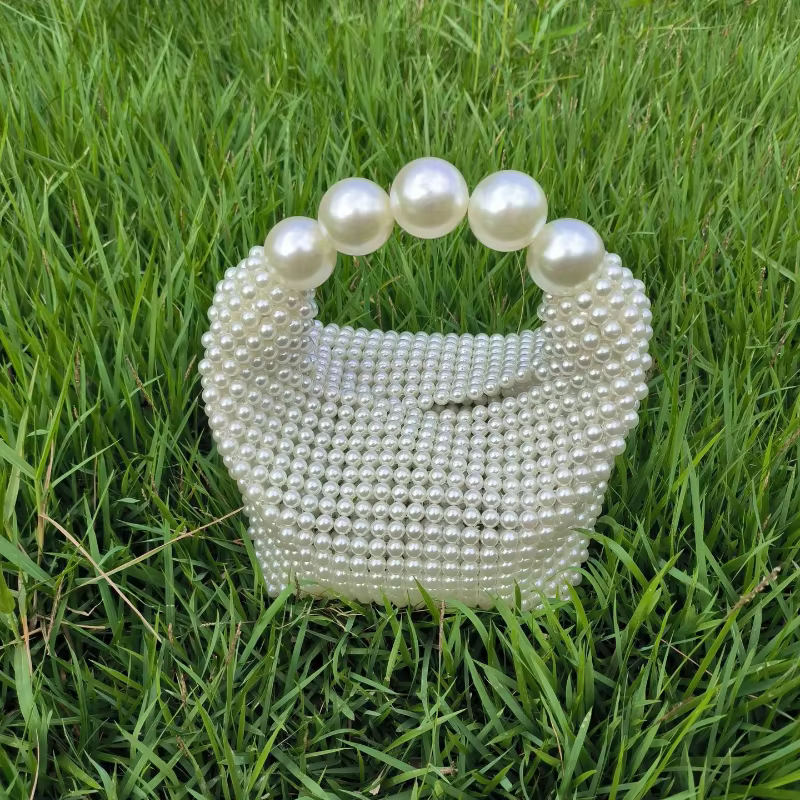 Sac fourre-tout vintage français en bois perlé, sac à main Boston avec accent perlé, sac à poignée s