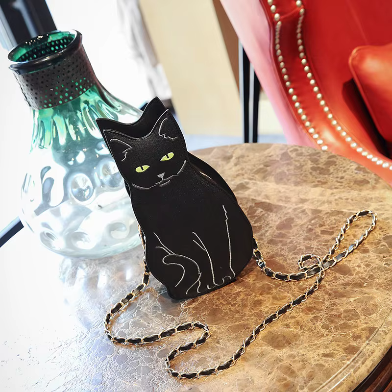 Sac à bandoulière en cuir avec chaînes de chat noir pour femme, sac messager design, sac à bandouliè