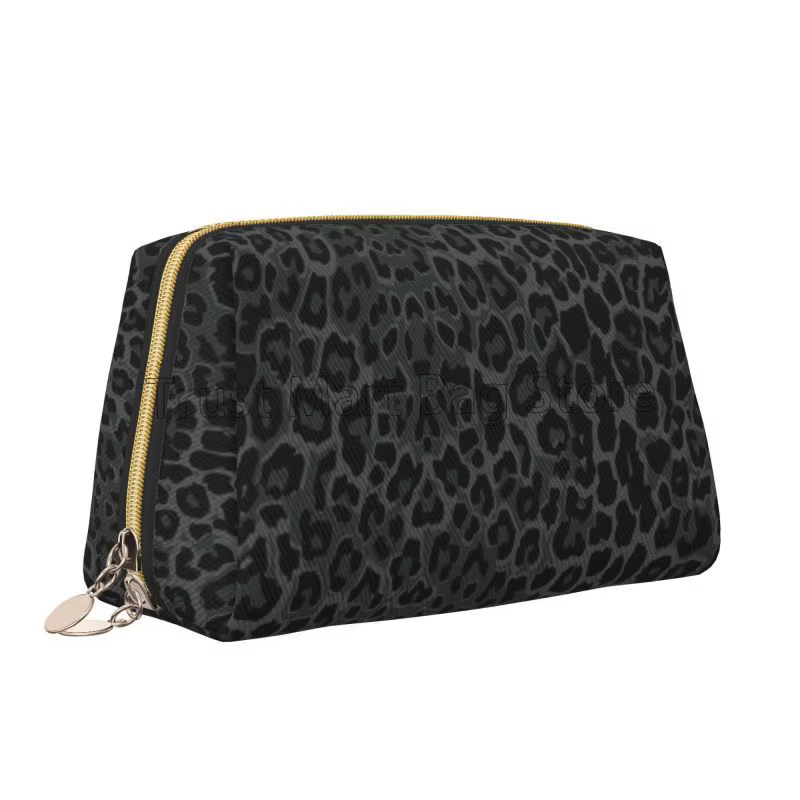 Sacs de maquillage en cuir imprimé léopard noir, pochette de rangement de voyage de grande capacité,