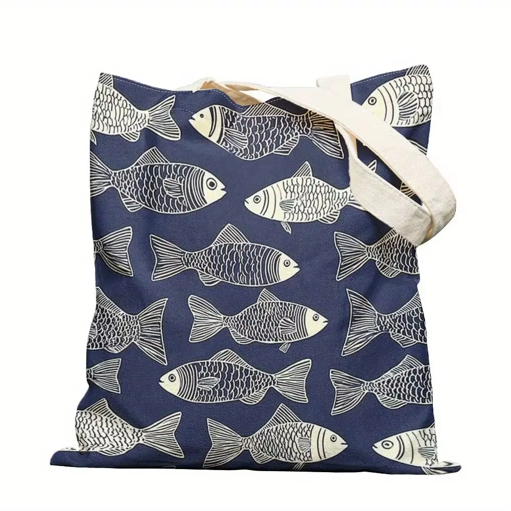 Sac fourre-tout en toile imprimé motif poisson bleu marine, idéal pour un usage quotidien, les cours