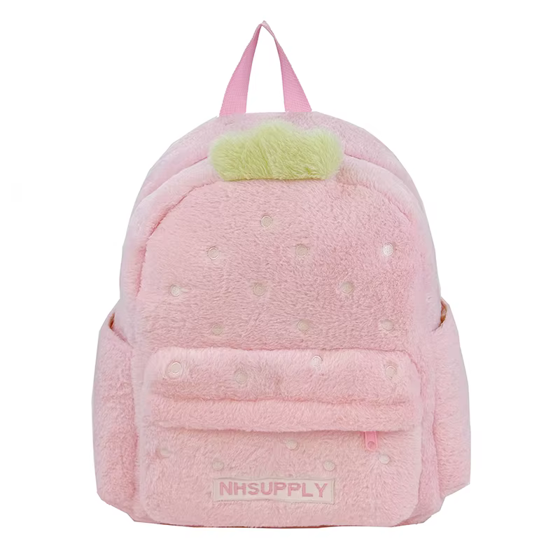 Sacs à dos classiques en peluche couleur unie motif fraise pour femmes 2026 – Grande capacité avec p