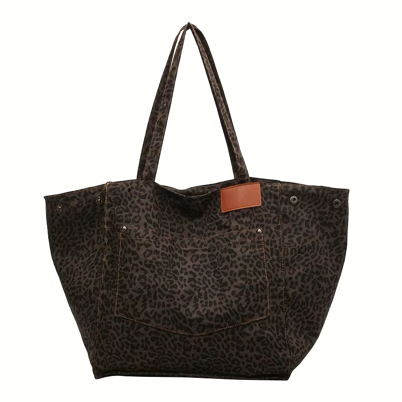 Sac fourre-tout élégant imprimé léopard pour femmes, sac à bandoulière léger avec accents marron, pa