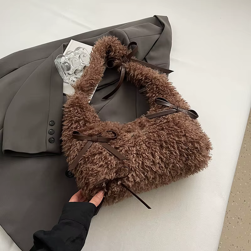  Sac à bandoulière en peluche tendance pour femmes, sac à main de grande capacité, doux et moelle