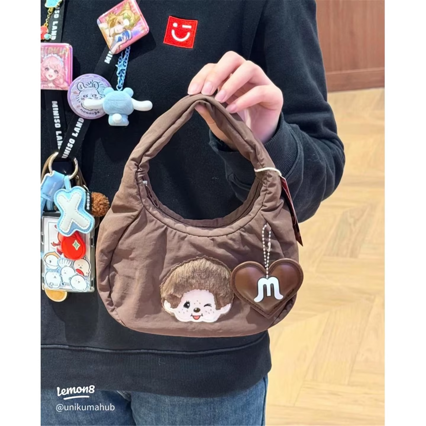 Sac à bandoulière décontracté brodé Mengqiqi, style dessin animé japonais, grande capacité, motif cœ