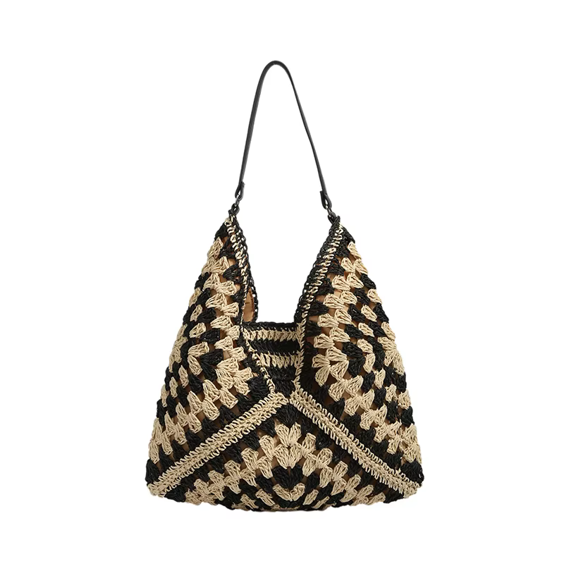 Sac bandoulière tissé style bohème pour femme, design ajouré, sac à main fourre-tout décontracté et 