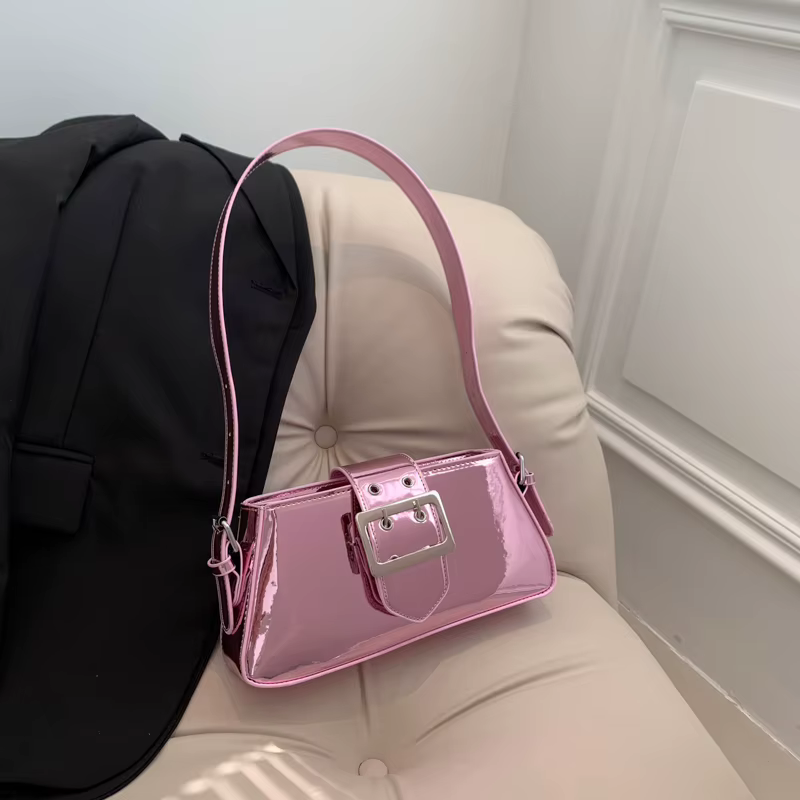 Leftside-Sac à main en cuir PU brillant pour femme, petit sac à main sous les bras, rose, argent ini
