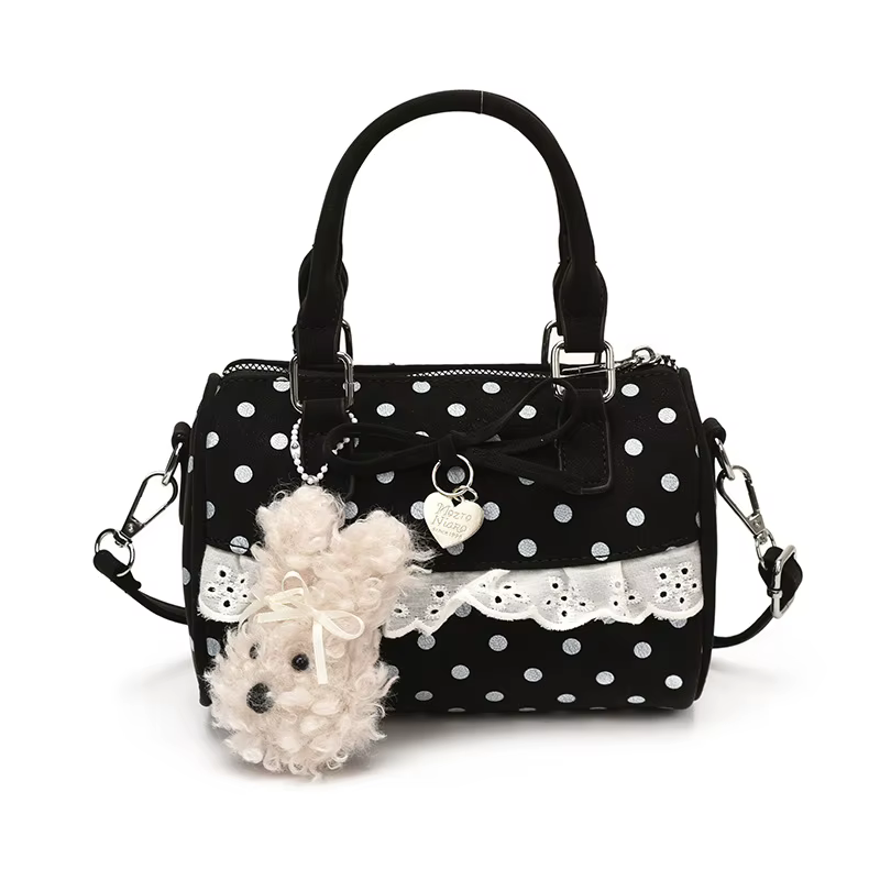 Sac bandoulière Lolita à pois pour femme, broderie et dentelle, sac à main mignon et doux Kawaii ave
